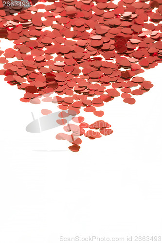 Image of Red hearts confetti on white background