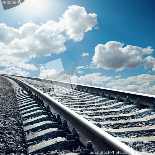 Image of railroad closeup to horizon in sky with sun