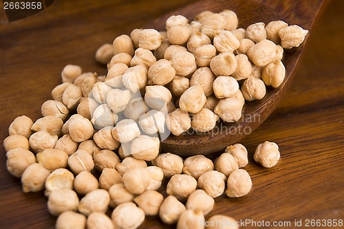 Image of dried white chickpeas ceci on the wooden spoon