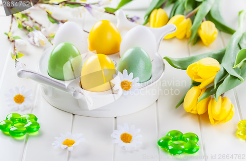 Image of Easter still life with fresh tulips 