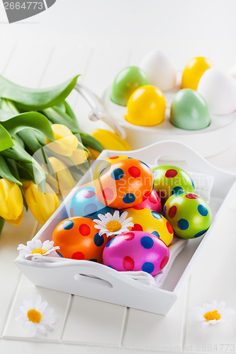 Image of Easter still life with fresh tulips 