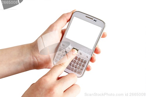 Image of Hands holding white smart phone