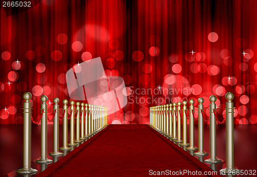 Image of red carpet entrance with red Light Burst over curtain