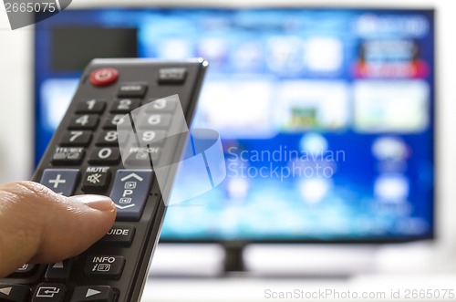 Image of Smart tv and hand pressing remote control