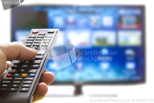 Image of Smart tv and hand pressing remote control