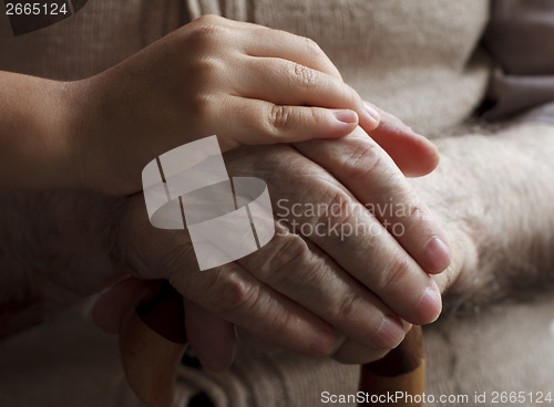 Image of grandfather and granddaughter hands