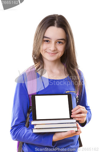 Image of Teenager girl with backpack with digital tablet