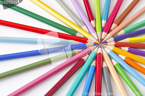 Image of color pencils in a circle on white background