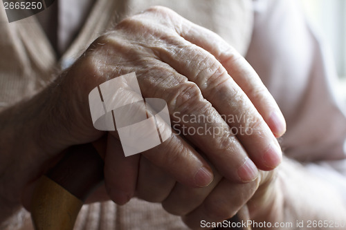 Image of Hand of a senior man with a  cane