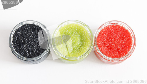 Image of FISH CAVIAR IN THE OPEN GLASS CONTAINERS