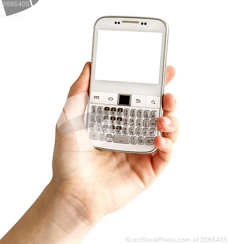 Image of Hand holding white smart phone