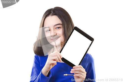Image of Happy teen girls with digital tablet 