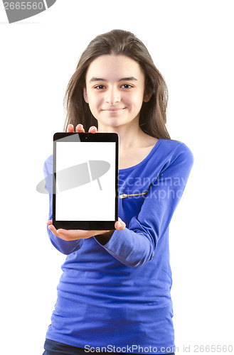 Image of Happy teen girl show digital tablet