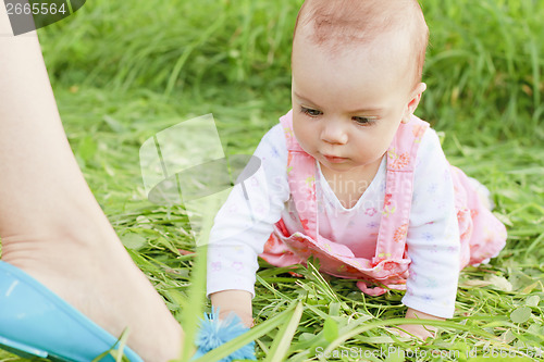 Image of Curious baby girl lying on grass