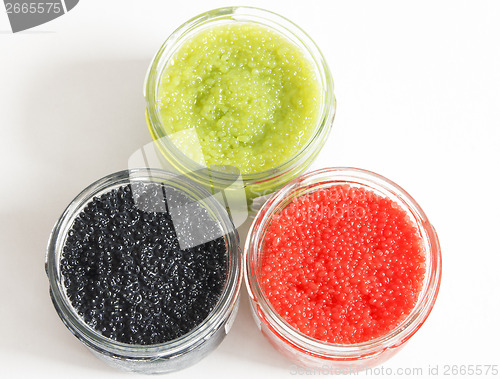 Image of red and green and black caviar