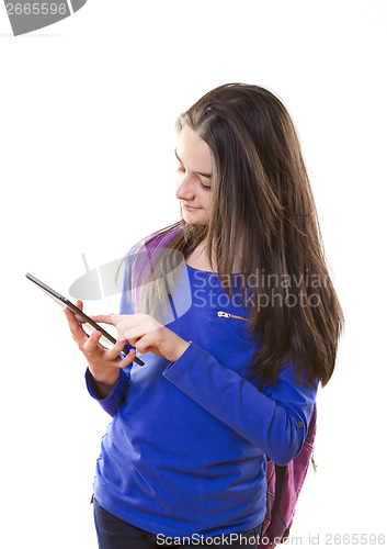 Image of Teenager girl with backpack with digital tablet