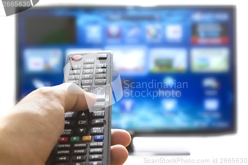 Image of Smart tv and hand pressing remote control