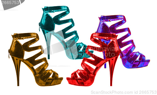 Image of Women's shoes bright shades. collage 