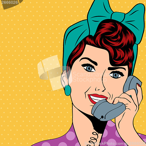 Image of woman chatting on the phone, pop art illustration 