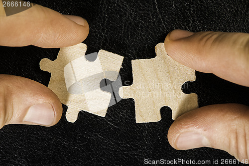 Image of Wooden puzzle on black background. Close up