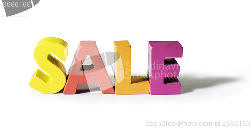 Image of Multicolored word sale made of wood.