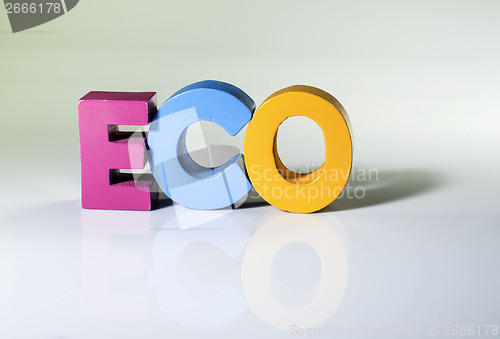 Image of Multicolored word eco made of wood.