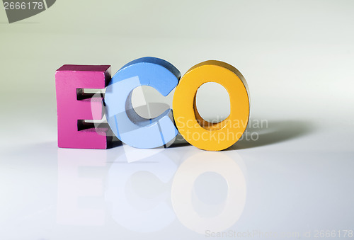 Image of Multicolored word eco made of wood.