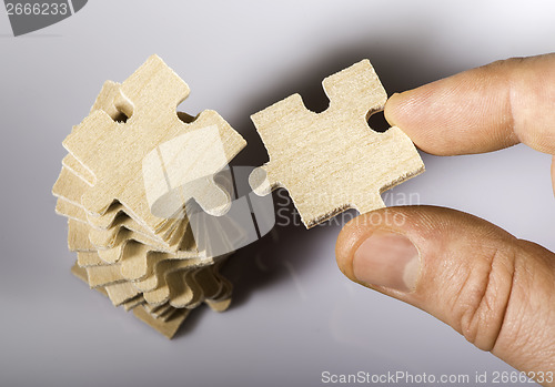 Image of Wooden puzzle on white background. 