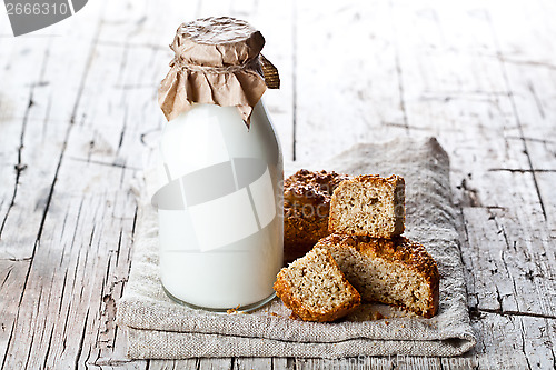 Image of bottle of milk and fresh baked bread 