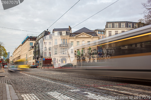 Image of Tramway in motion on the street of Brussels near The Sablon Squa