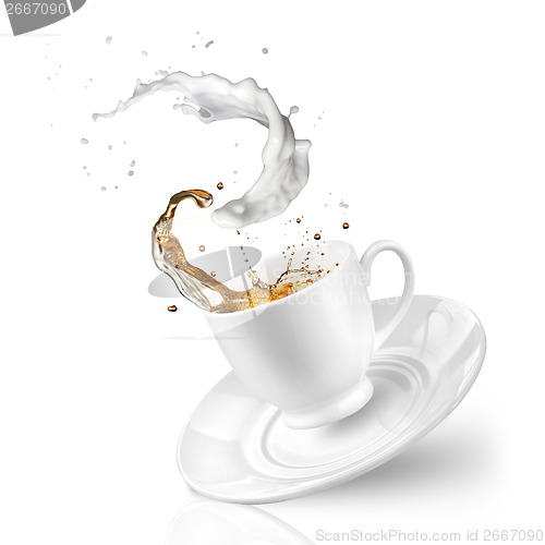 Image of Splash of tea with milk in the falling cup isolated on white