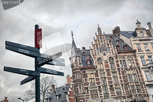 Image of Tourist signpost in center of Brussels, Belgium