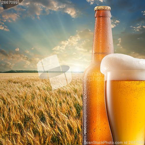 Image of Glass of beer and bottle against wheat field and sunset