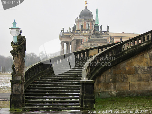 Image of Stairway of The Sanssouci Palace in winter. Potsdam, Germany