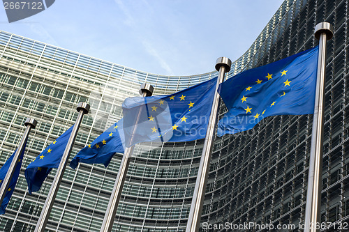 Image of European Union flags in front of the Berlaymont building (Europe