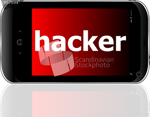 Image of smartphone with word hacker on display, business concept