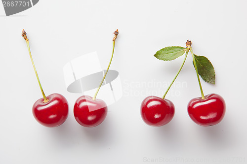 Image of Red cherry with leaves on white
