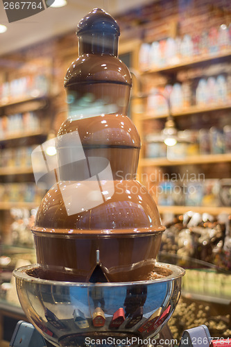 Image of chocolate fountain in belgium shop