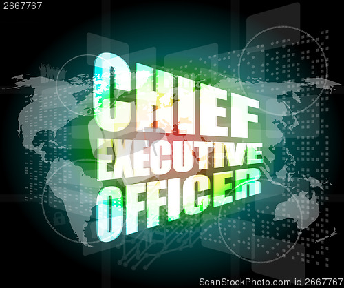 Image of chief executive officer words on digital screen background with world map