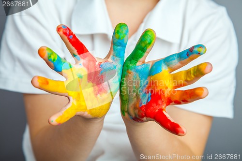 Image of hands painted  in colorful paints