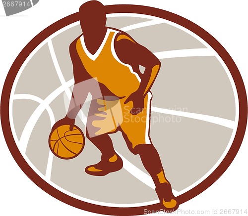 Image of Basketball Player Dribbling Ball Oval Retro