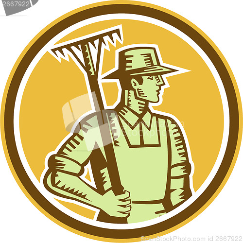 Image of Organic Farmer Rake Woodcut Retro