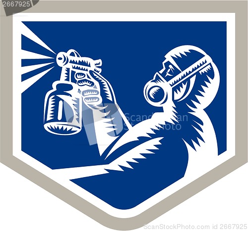 Image of Spray Painter Spraying Woodcut Crest Retro