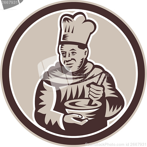 Image of Chef Cook Mixing Bowl Woodcut Retro