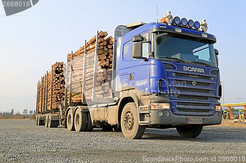 Image of Blue Scania V8 Timber Truck