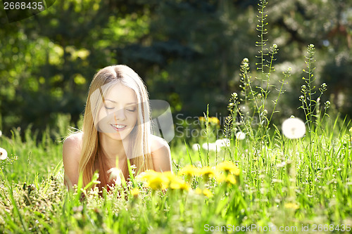 Image of Spring girl lying on the field of dandelions