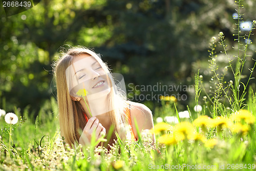 Image of Spring girl lying on the field of dandelions