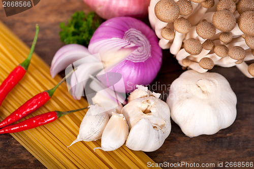 Image of Italian pasta and mushroom sauce ingredients