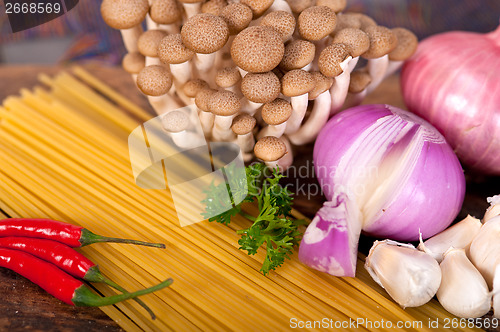 Image of Italian pasta and mushroom sauce ingredients