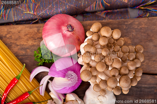 Image of Italian pasta and mushroom sauce ingredients